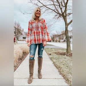 Kyla Seo Red Plaid Embroidered Women's Tunic